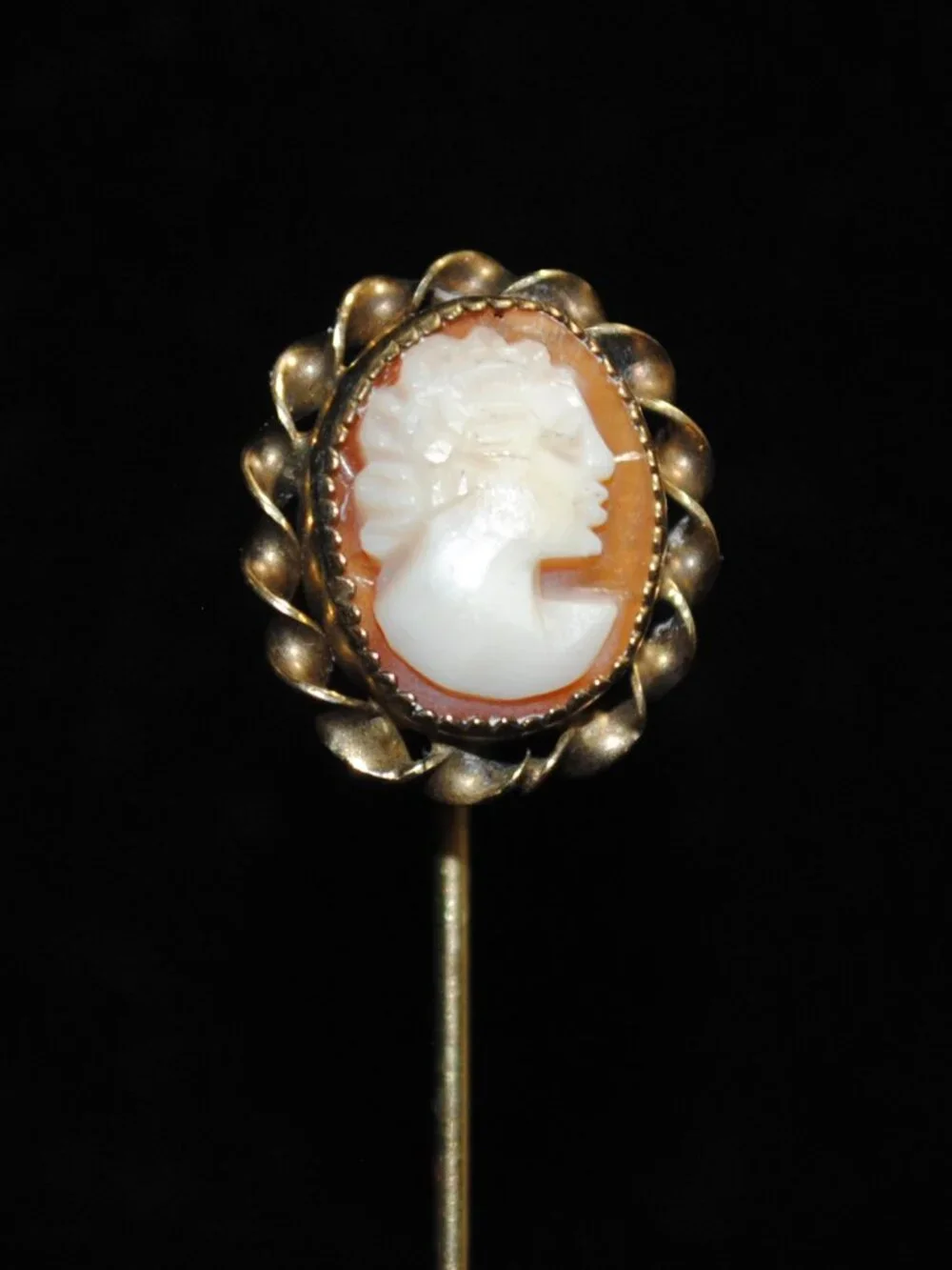 Vintage Carved Shell Cameo Stick / Tie Pin with Rope Twist Border